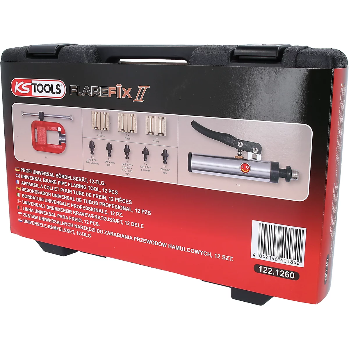 Schwarzer Werkzeugkasten mit KS TOOLS FLAREFix II. Aufschrift und abgebildeten Werkzeugen. Enthält auch einen roten Metallring und ein silbernes Werkzeug mit schwarzem Griff.